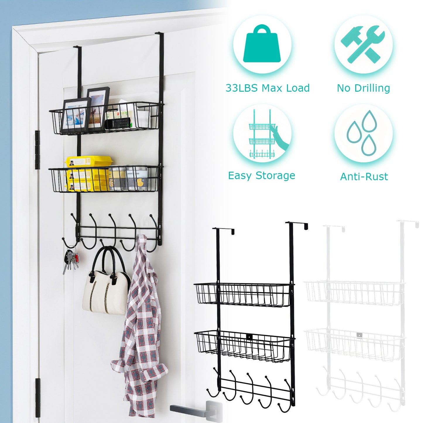 Over The Door Hooks Organizer Door Towel Rack Hanger 5 Hooks with 2 Metal Baskets for Bathroom Bedroom Kitchen Storage Shelf