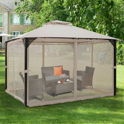 12 x 10 Feet Outdoor Double Top Patio Gazebo with Netting-Brown