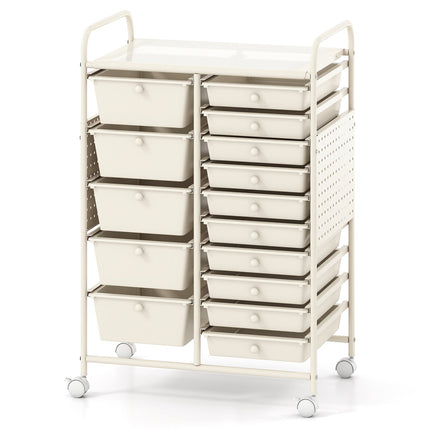 15-Drawer Rolling Storage Cart with Metal Tabletop and Pegboard
