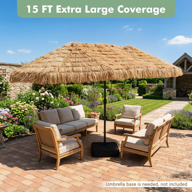 Double-Sided Thatched Tiki Patio Umbrella 15x9 FT with Crank