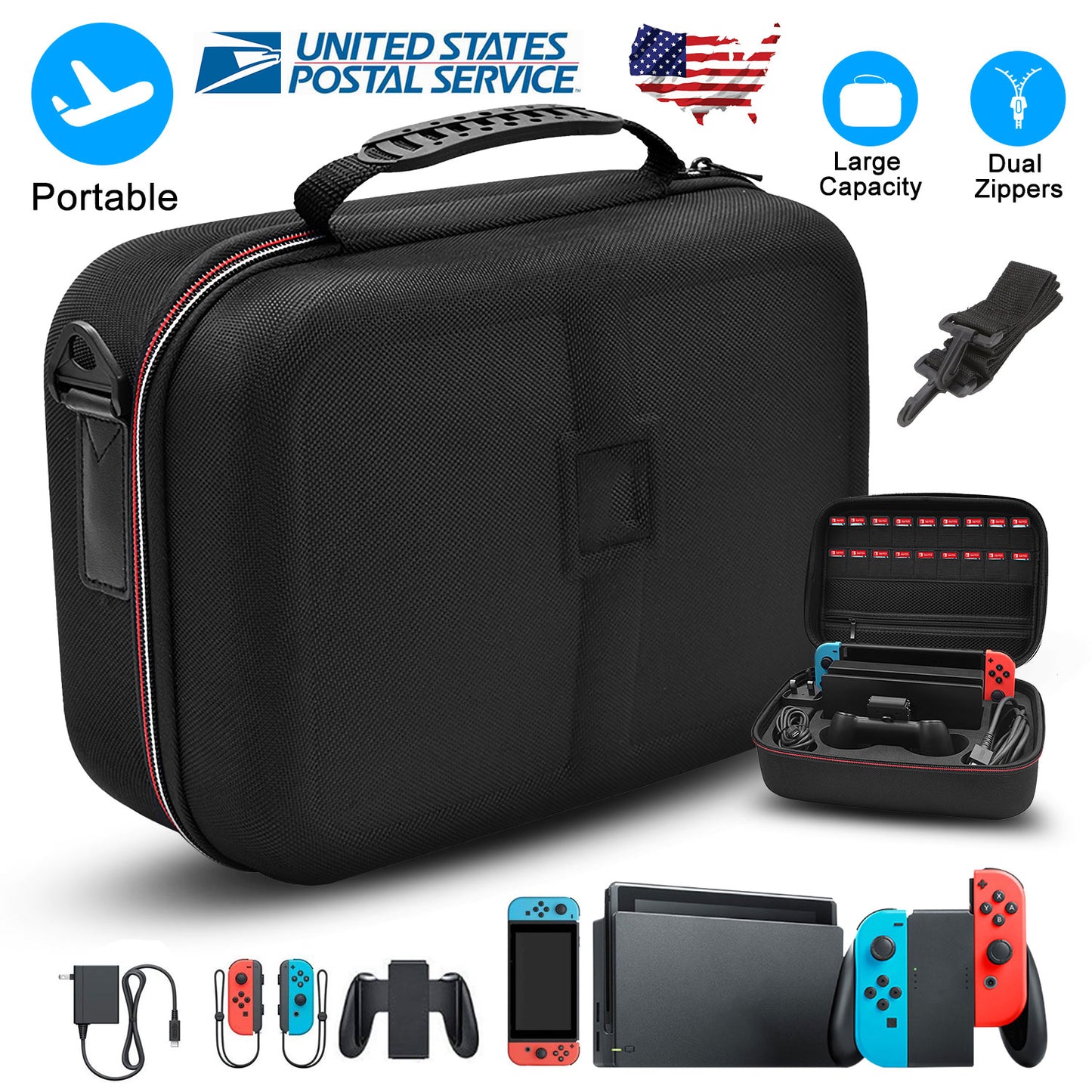 Portable Deluxe Carrying Case for Nintendo Switch Protected Travel Case w/ Rubberized Handle Shoulder Strap