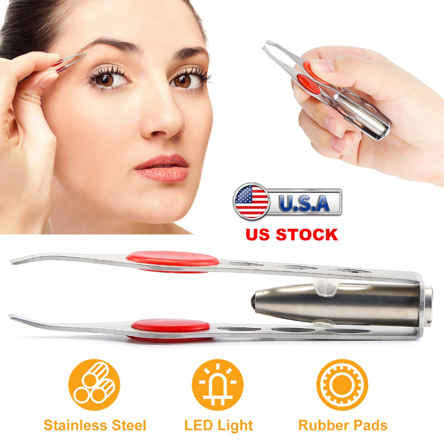 LED Eyebrow Tweezer Stainless Steel Make Up Tweezer w/ LED Light Rubber Finger Pads For Eyebrow Eyelash Hair Removal