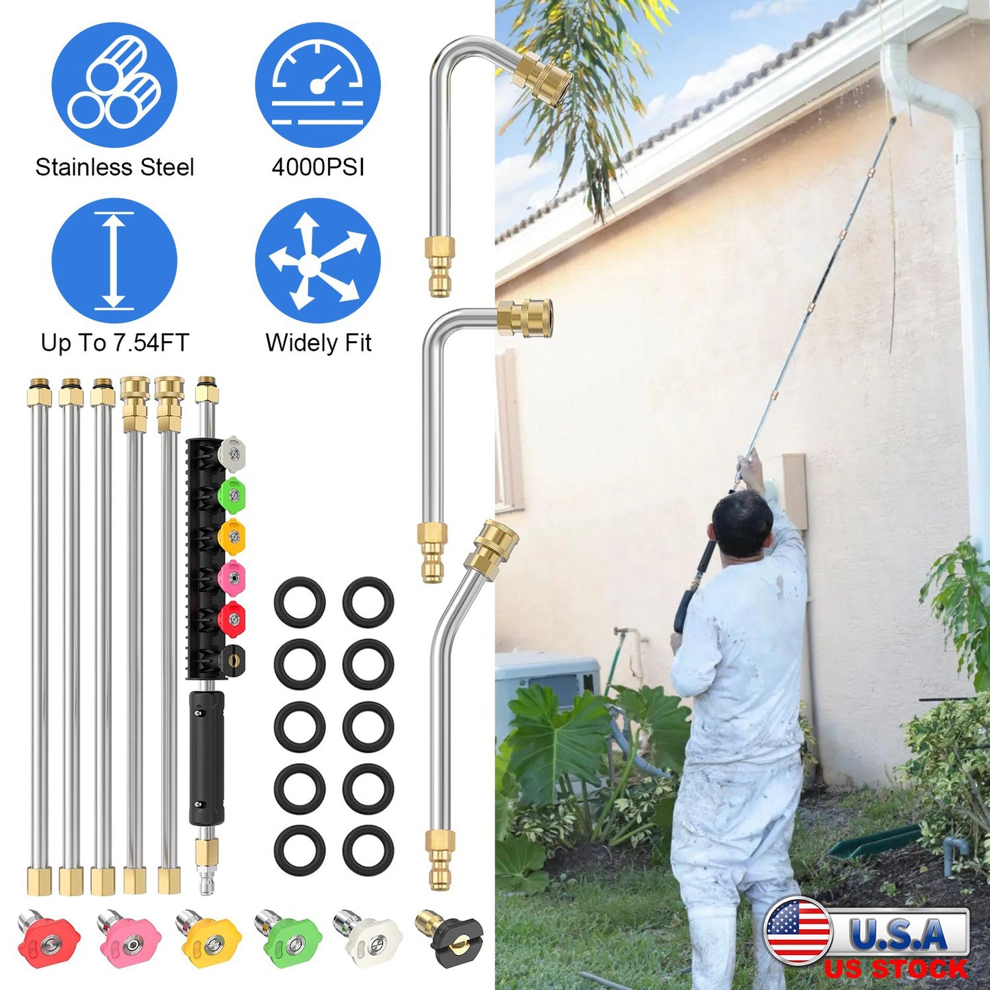 7.54FT Pressure Washer Extension Wand With 1/4" Quick Connect 4000 PSI Pressure 3 Curved Wands 6 Spray Nozzles For Deck Roof Yard Window Wall Fence Cl