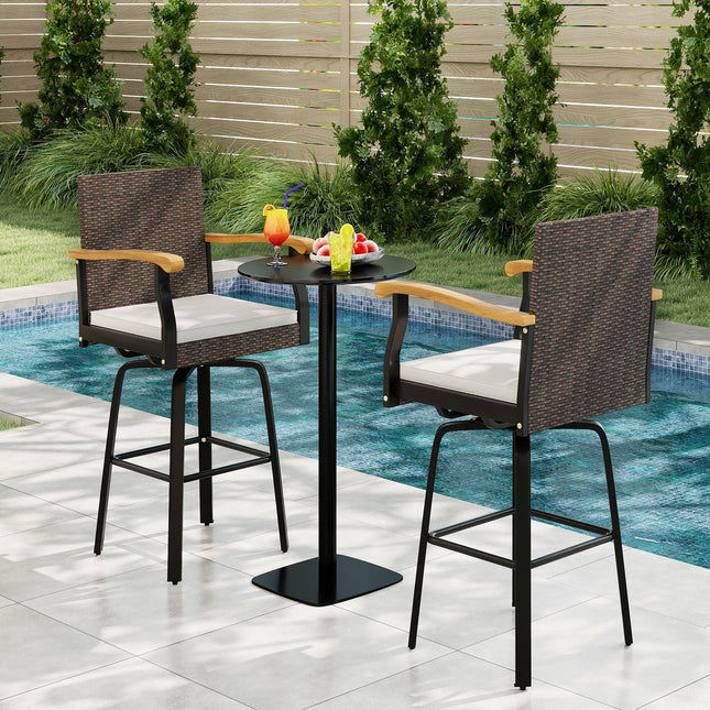 Set of 2 Outdoor 360¬∞ Swivel Bar Stool with Cushion and Acacia Wood Armrests