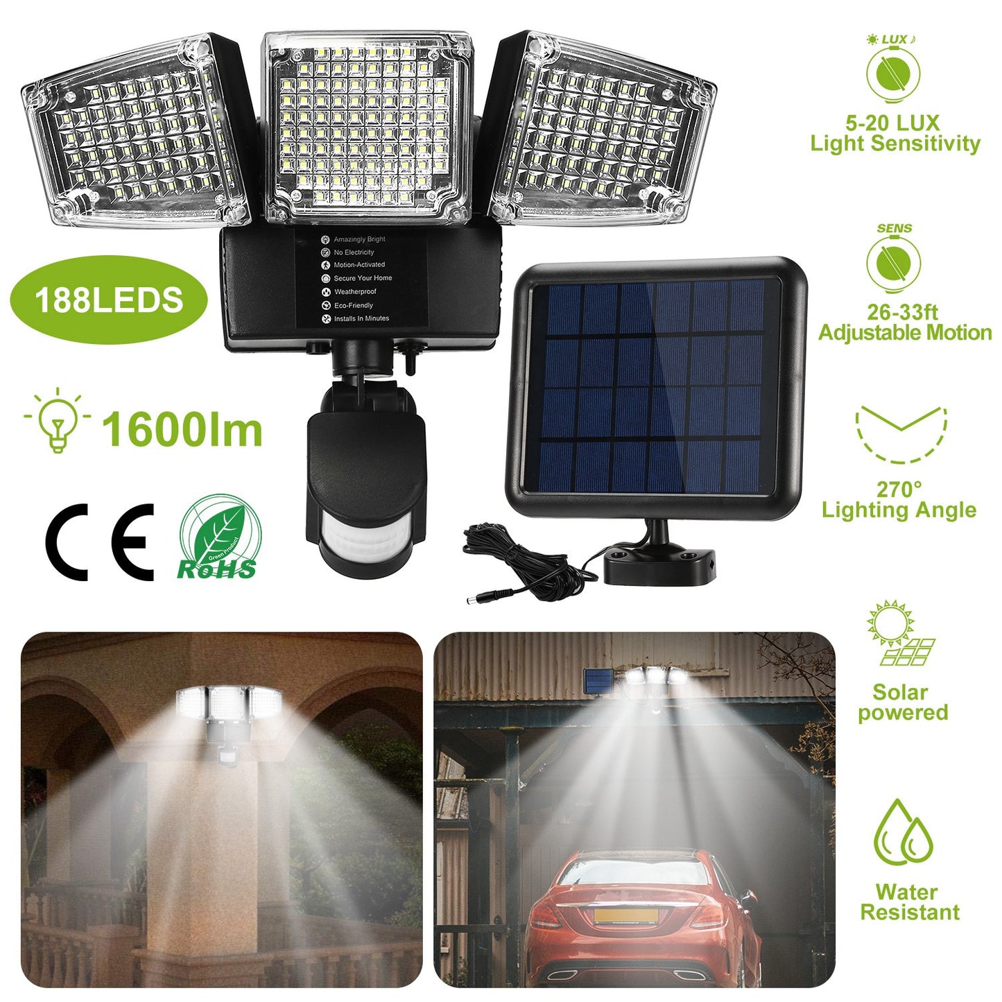 Solar Lights Outdoor 188 LEDs 1600lm Solar Security Lights Motion Sensor Lights 270¡Lighting Angle Waterproof Dusk to Dawn Solar Wall Lights 360¡Rotat