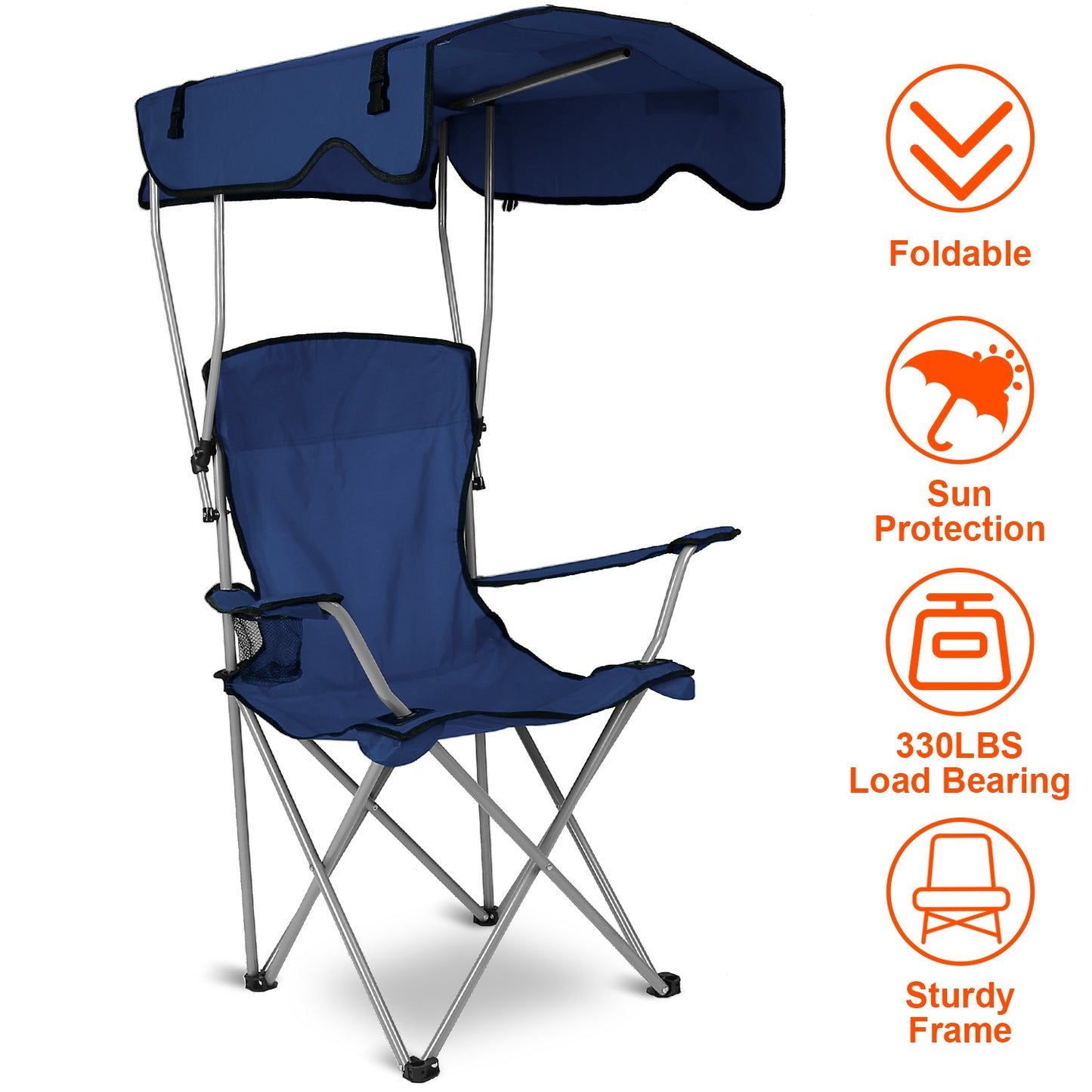 Foldable Beach Canopy Chair Sun Protection Camping Lawn Canopy Chair 330LBS Load Folding Seat w/ Cup Holder For Beach Poolside Travel Picnic
