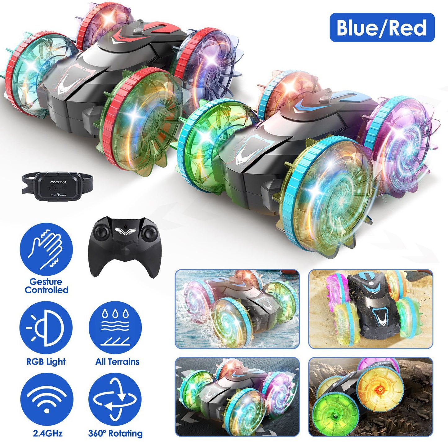 2 In 1 Amphibious RC Car Waterproof Stunt Car with Wrist Controller 4WD 360¡ Rotating Gesture Car with RGB Lights for Kids Aged 6+ Years Old Double-si