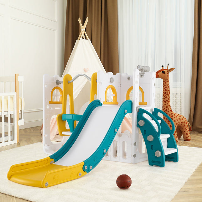7-in-1 Toddler Swing and Slide Set L-shaped with Ladder and Basketball Hoop