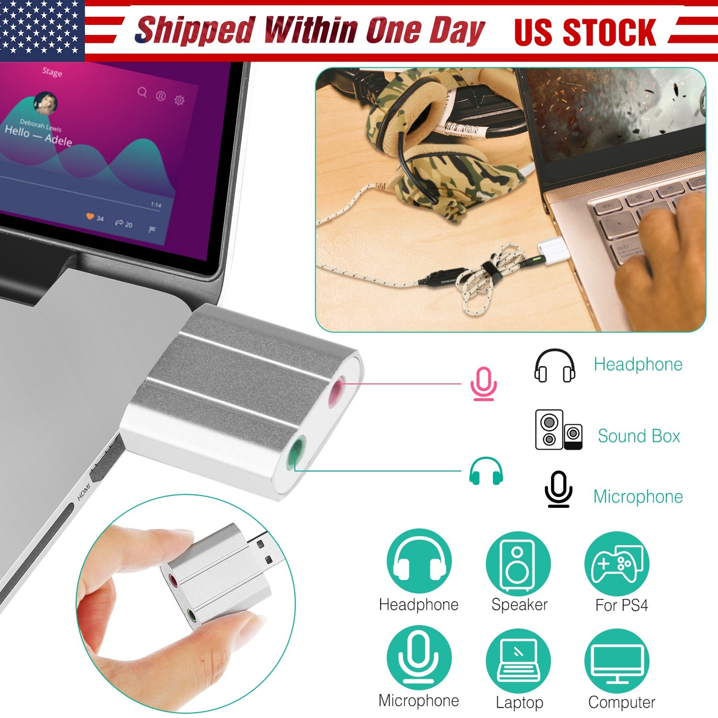 USB Audio Adapter External Stereo Sound Card w/ 3.5mm Headphone Microphone Jack Sound Converter For PC Laptops