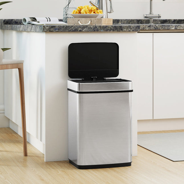 16 Gallon Trash Can Infrared Motion Sensor Garbage Can with Dual Compartments-Silver