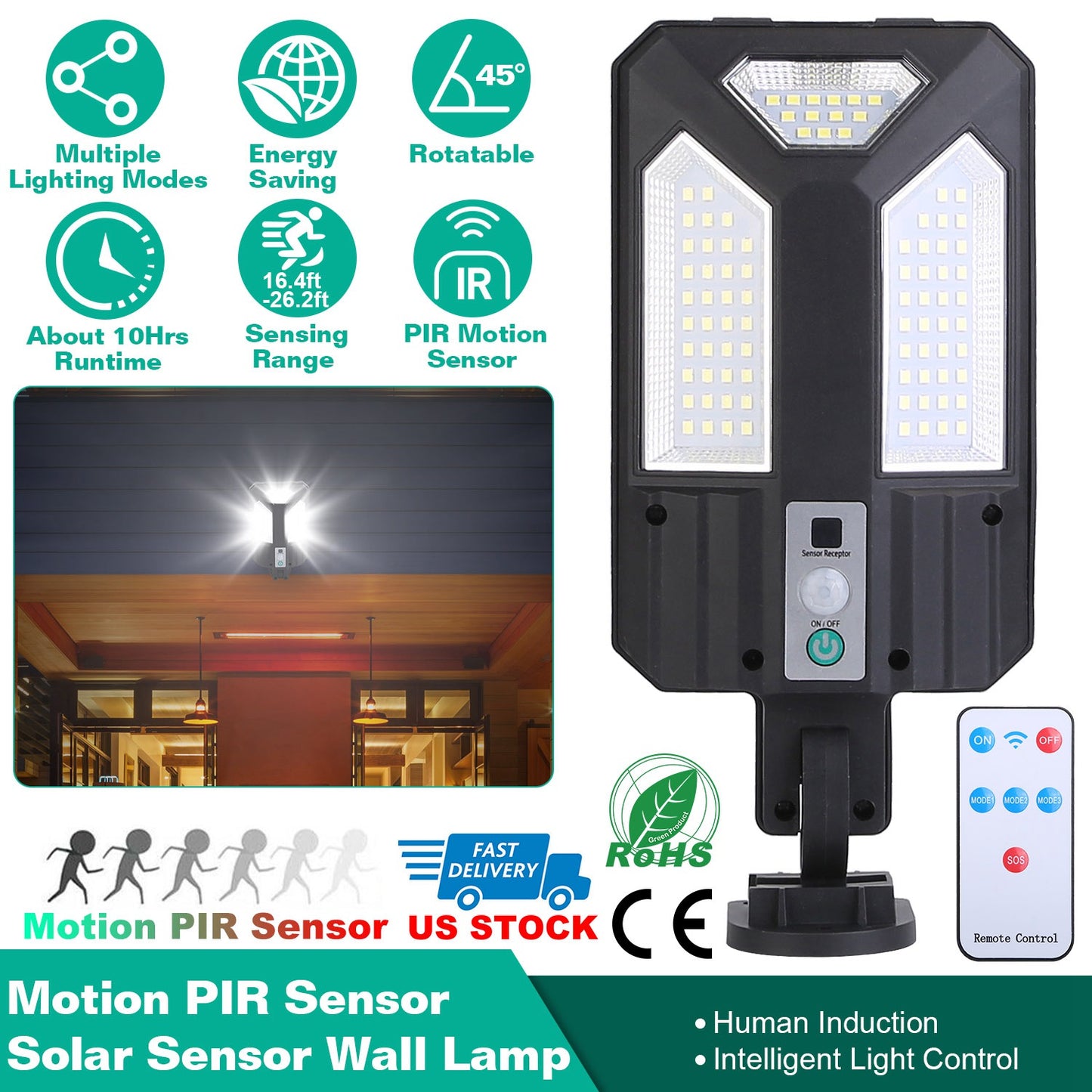 Solar Wall Light Outdoor 87 LED Beads PIR Motion Sensor Remote Control Wireless Lamps IP45 Waterproof Lighting for Garage Front Door Garden Pathway