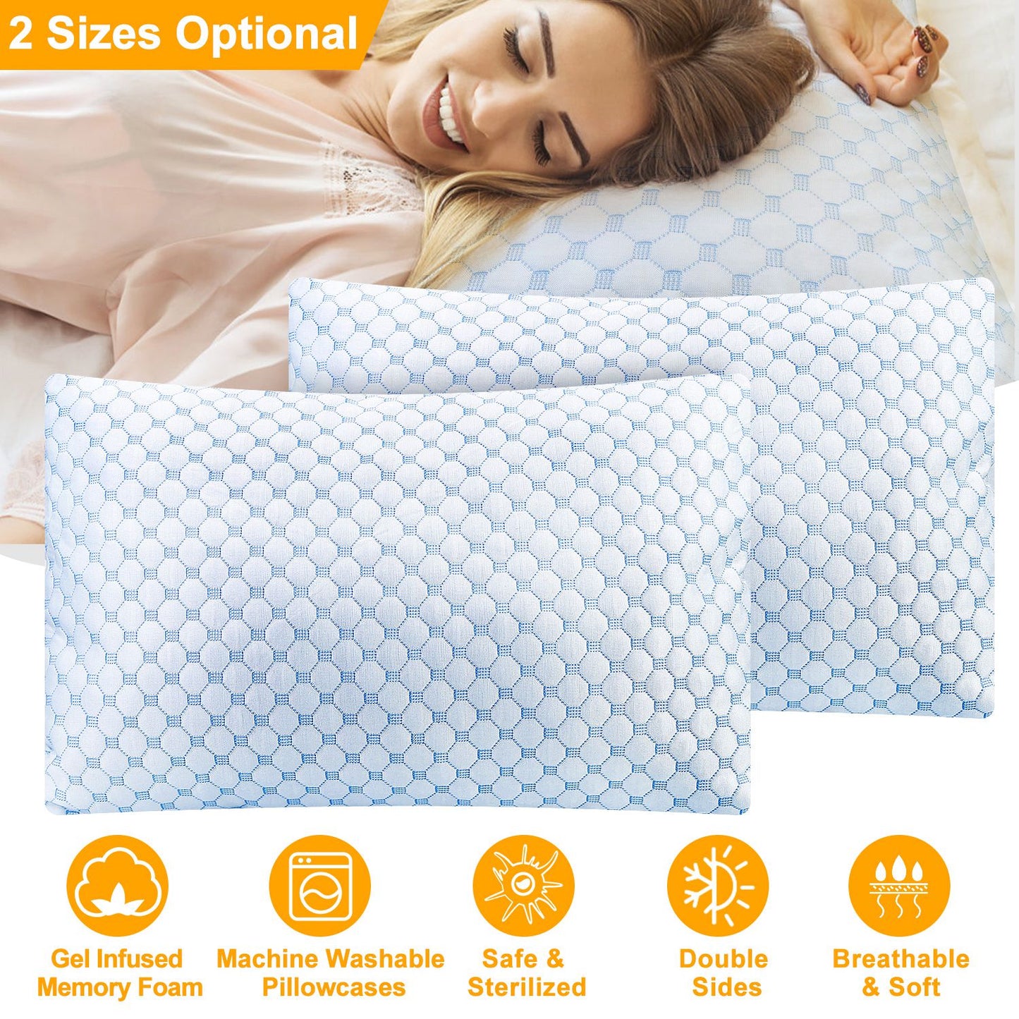 Cooling Memory Foam Pillow Ventilated Soft Bed Pillow w/ Cooling Gel Infused Memory Foam Heat Moisture Reducing Cooling Fiber Breathable Machine Washa