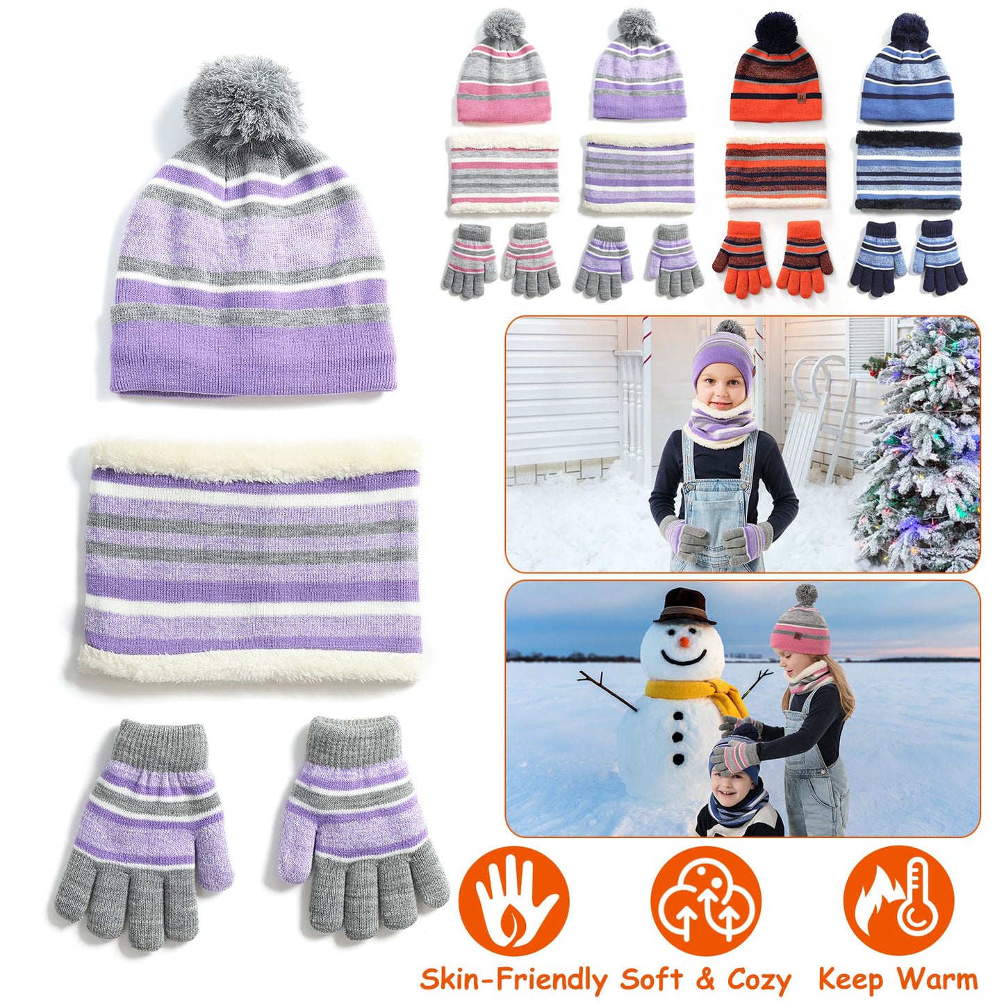 Winter Kids Knitted Hat Scarf Gloves 3Pcs Boys Girls Winter Warm Beanie Hat and Glove Scarf Set Beanie Neck Warmer Mittens for 4-7-Year-Old Kids