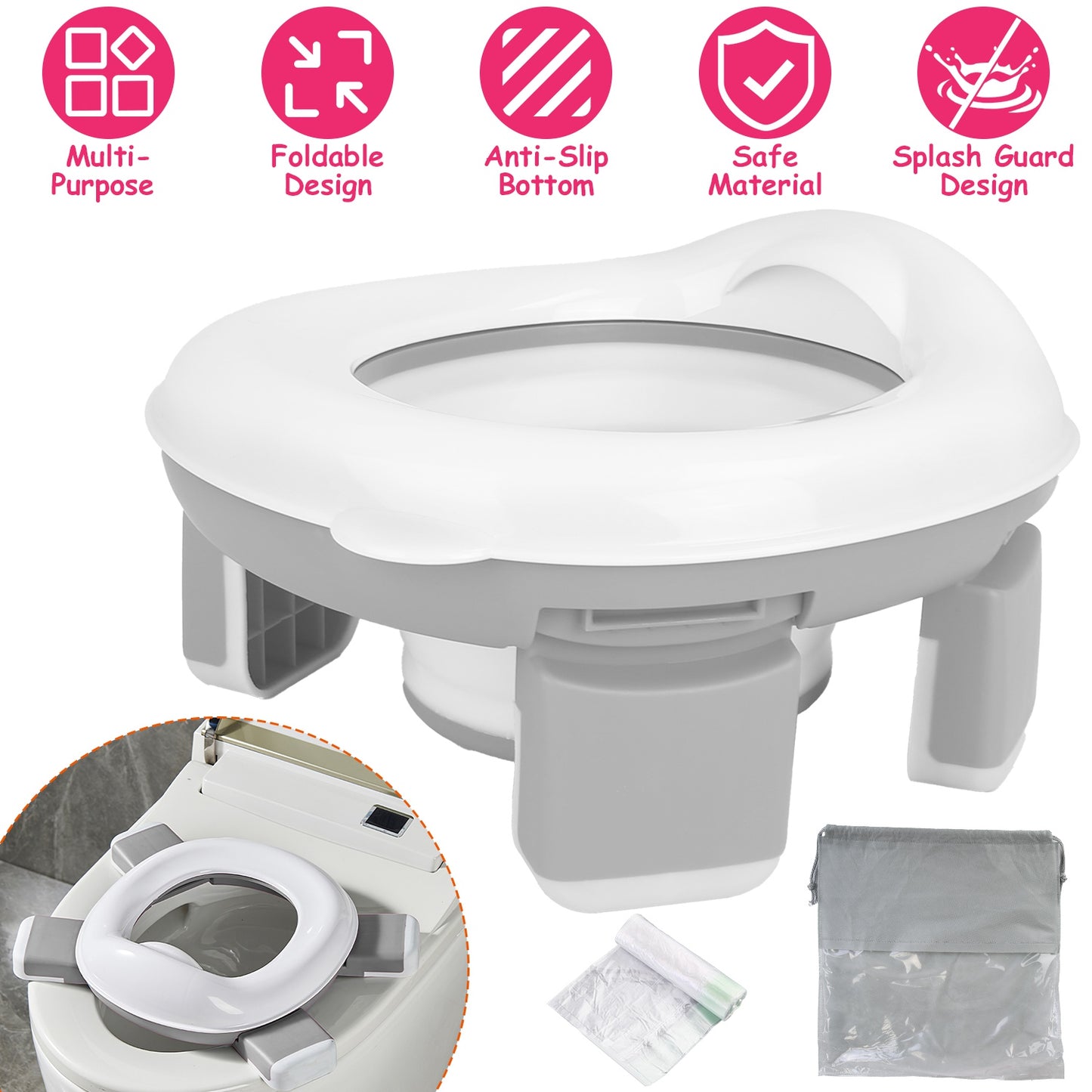 Portable Toddler Potty Toilet Foldable Potty Training Seat Cover with Splash Guard Include Storage Bag 20Psc Potty Bags Baby Toilet Trainer for Indoor