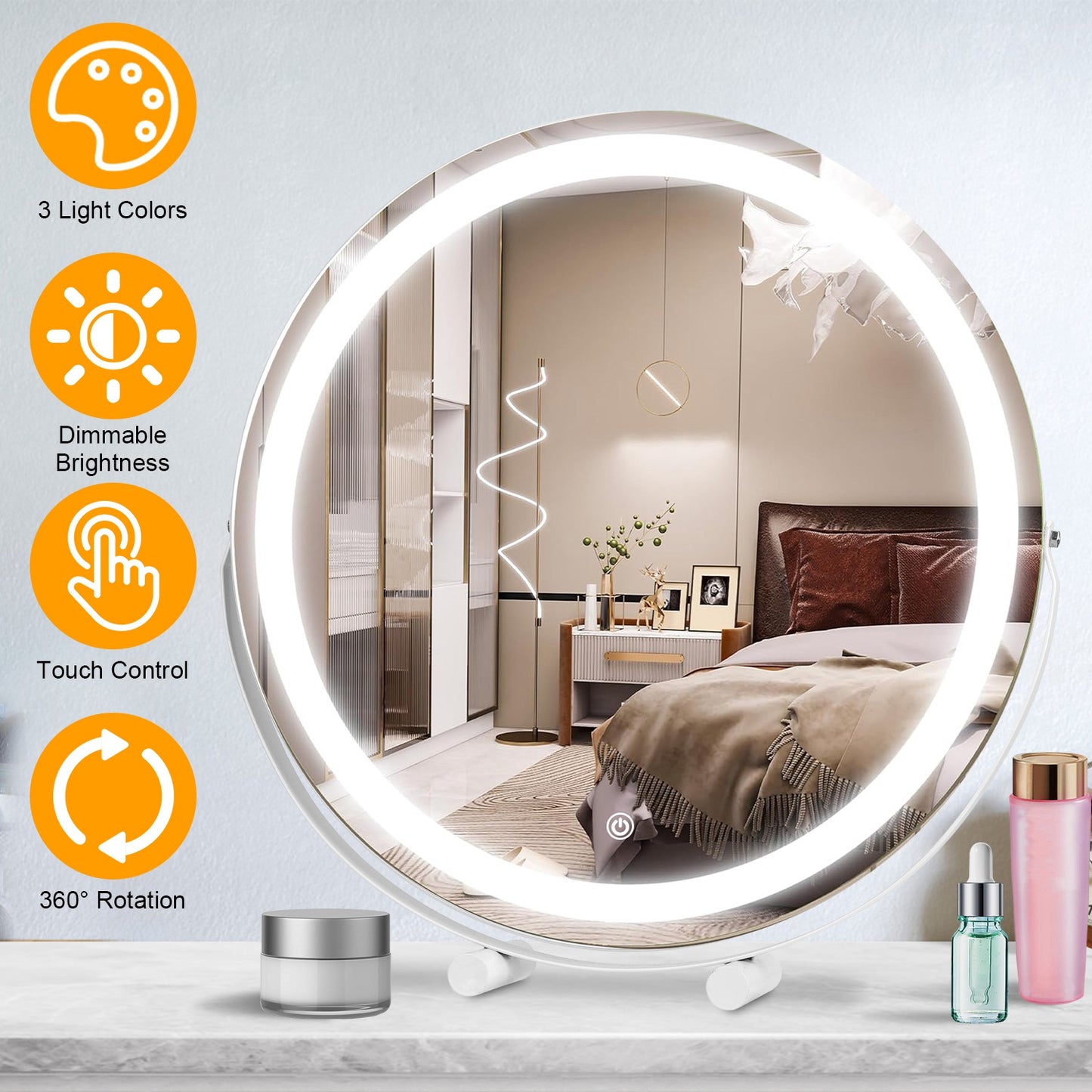 19Inch Large Round Vanity Makeup Mirror With LED Halo Light 3 Lighting Colors Dimmable Brightness Touch Control 360¡ Rotation High-Definition Lighted