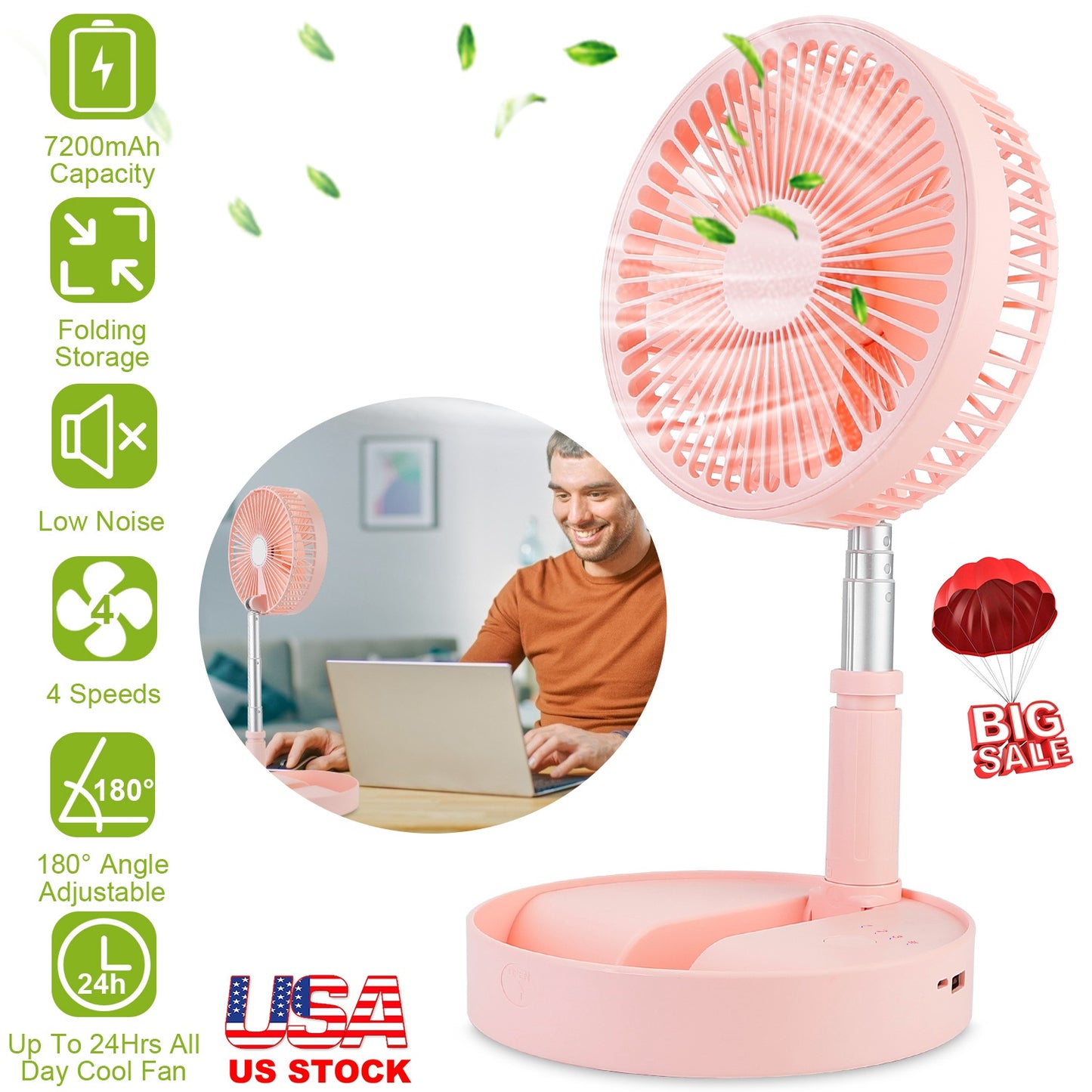 Portable Folding Desk Table Fan Quiet USB Rechargeable Telescopic Standing Floor Fan w/ 4 Speeds Adjustable Height 180¡ Tilting Angle For Office Home