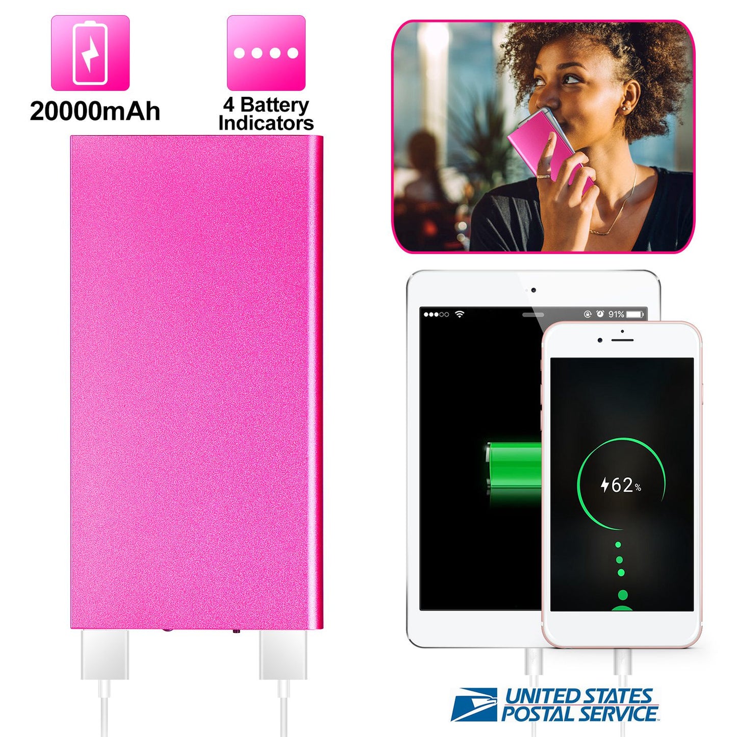 20000mAh Power Bank Ultra-thin External Battery Pack Phone Charger Dual USB Ports
