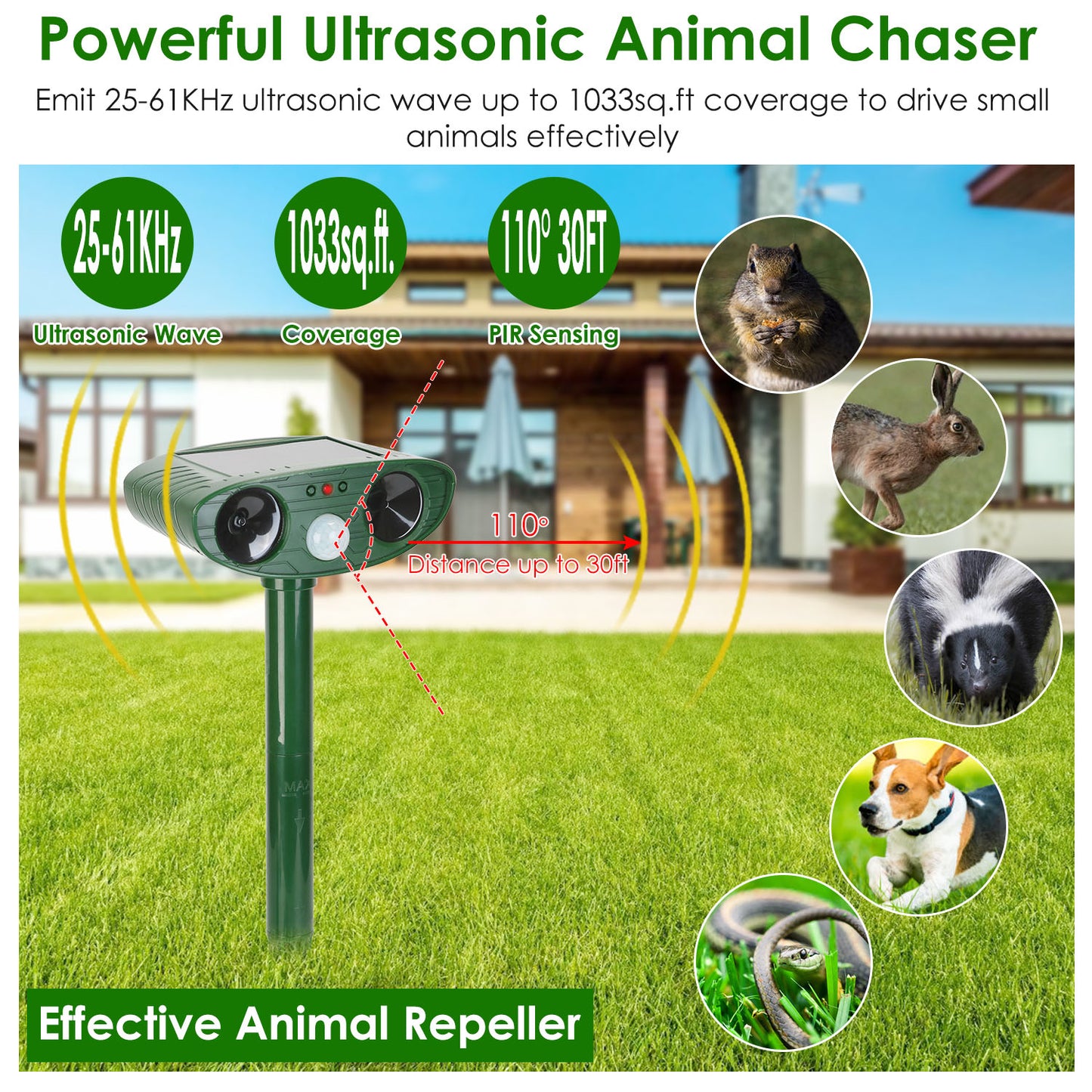 Solar Ultrasonic Animal Repeller PIR Motion Sensor Animal Repellent Chaser IPX4 Waterproof for Farm Garden Yard to Drive Raccoon Squirrel Rat Skunk Ra