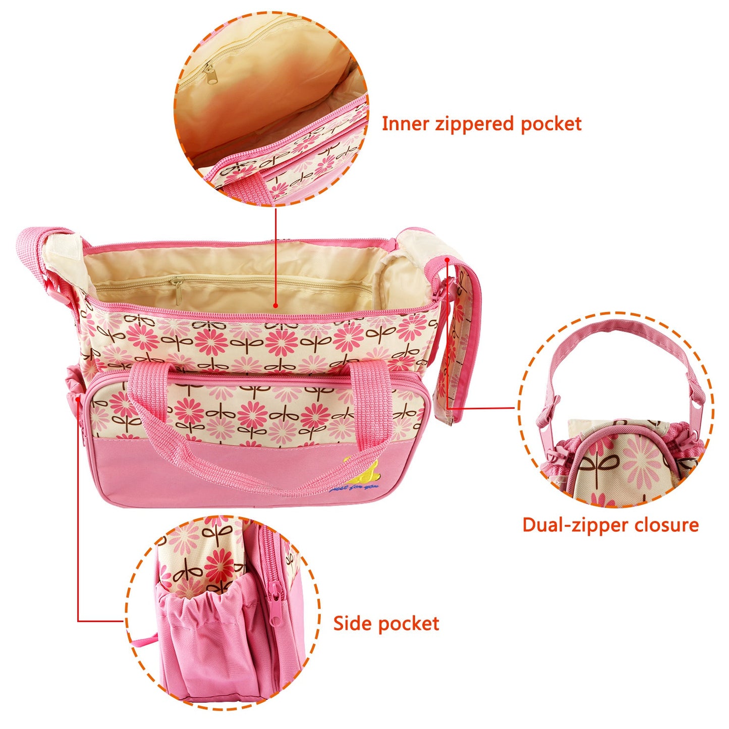 5PCS Baby Nappy Diaper Bags Set Mummy Diaper Shoulder Bags w/ Nappy Changing Pad Insulated Pockets Travel Tote Bags For Mom Dad