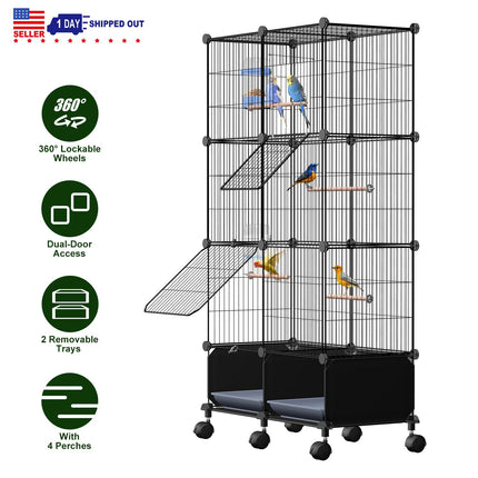 46-Inch Bird Cage with Wooden Perches and Lockable Wheels
