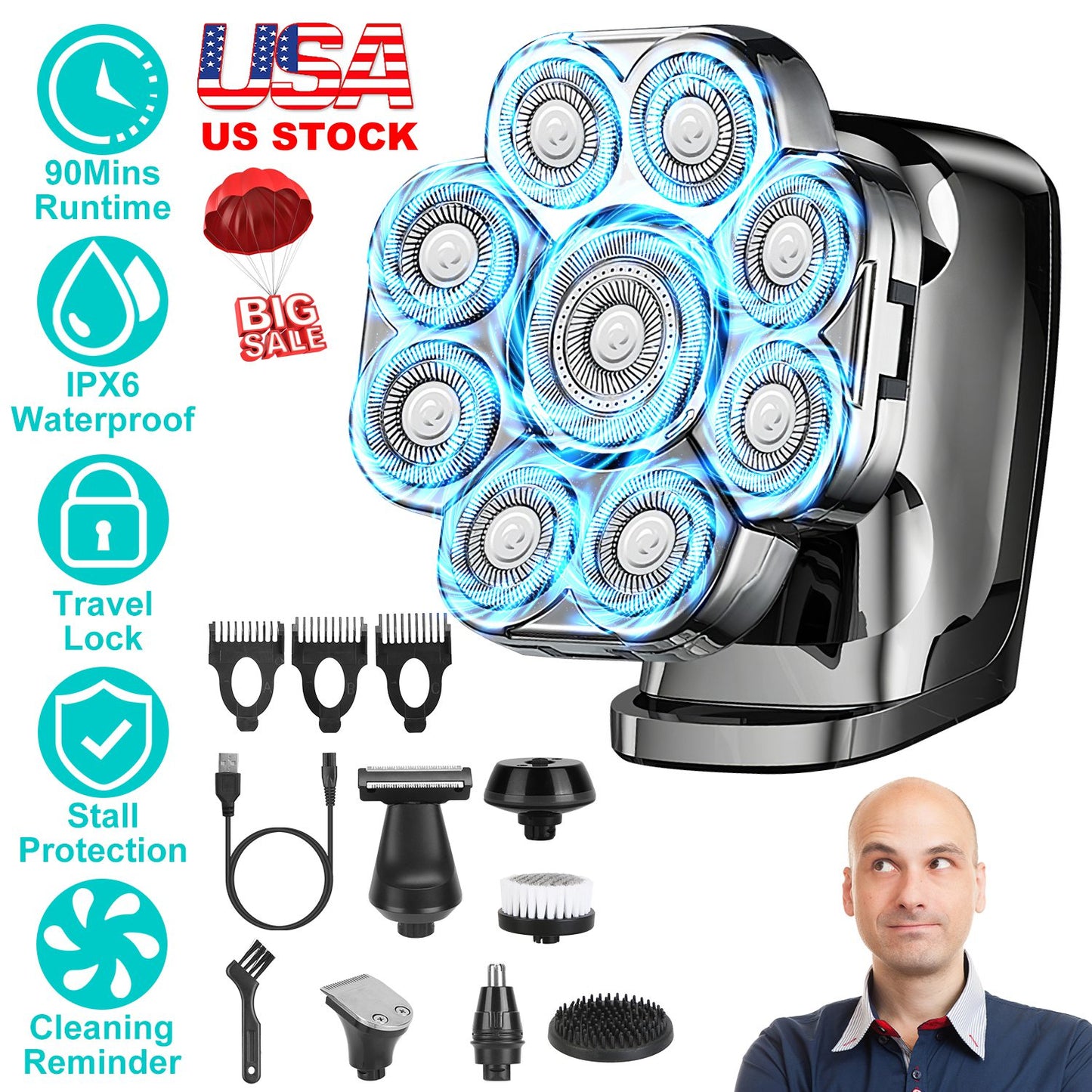 6 In 1 9D Electric Head Shaver for Men Cordless Rechargeable Wet Dry Razor with LED Display Travel Lock Stall Protection Cleaning Reminder