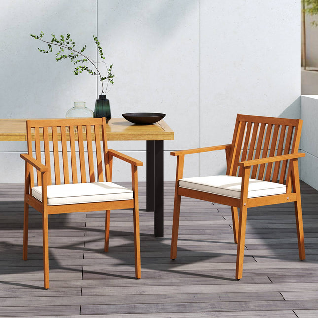 2 Pieces Patio Dining Chairs Outdoor Acacia Wood Chairs with Removable Padded Cushion