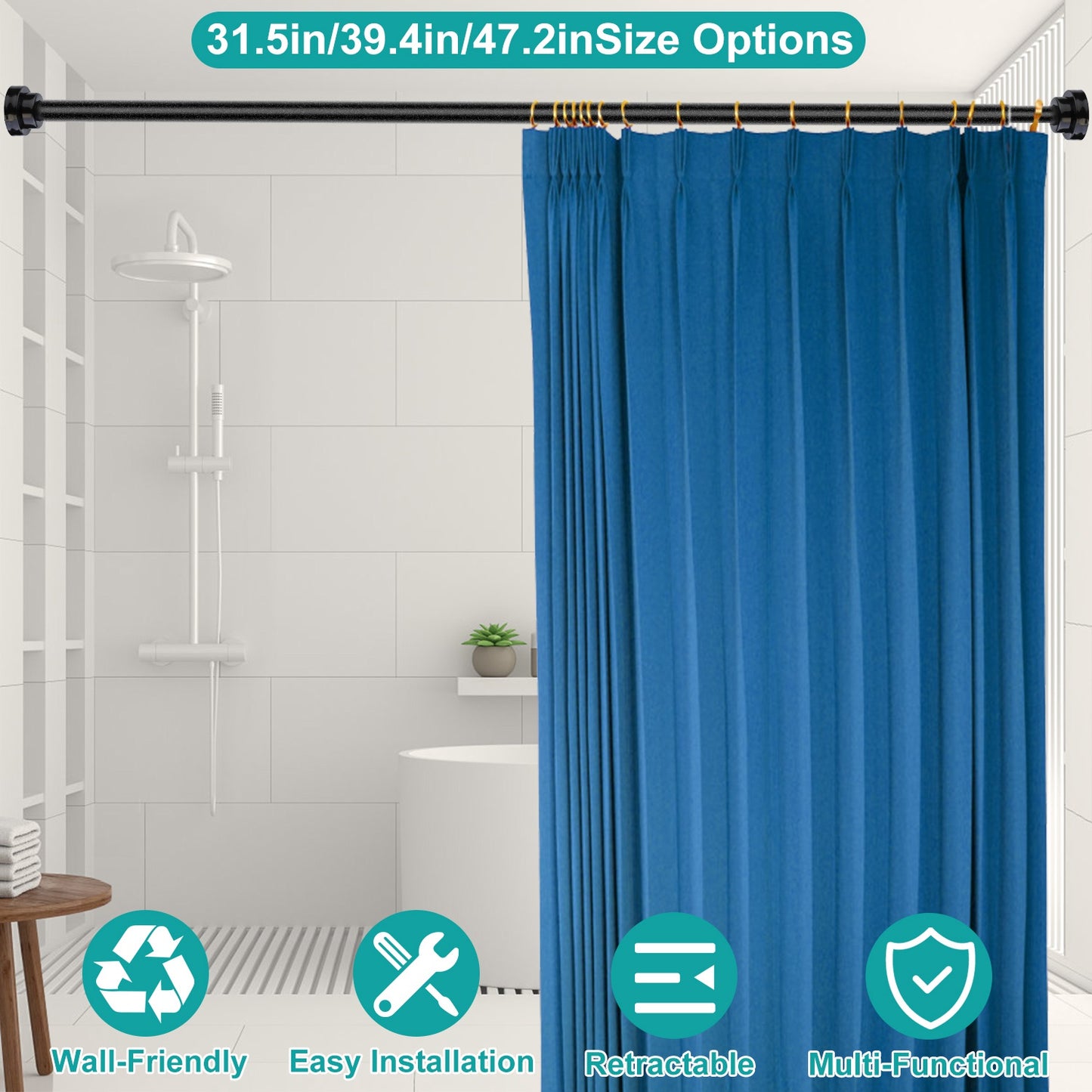 Shower Curtain Rod Adjustable Tension Curtain Rod Stainless Steel Spring Curtain Pole Heavy-Duty Steel for Bathroom Wardrobe Kitchen Balcony 31.5in/39