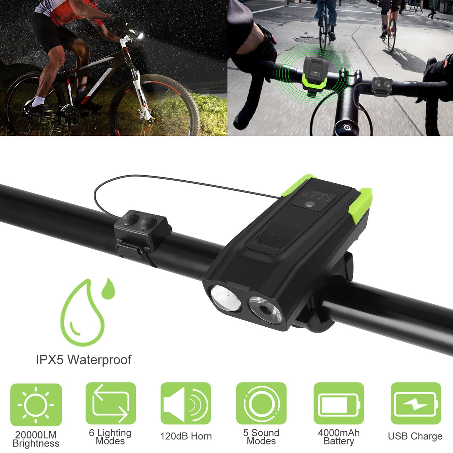20000LM Bike Front Lights Set Bicycle Headlights w/120dB Loud Horn IPX5 Water-Resistant 4000mAh USB Rechargeable for Night Riding