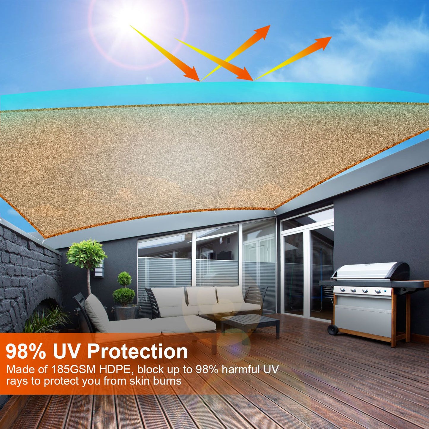 Rectangle Top CanopyÊ98% UV Block Awning Shelter 185GSM HDPE Patio Cover with Snap Hooks Ropes for Outdoor Garden Backyard