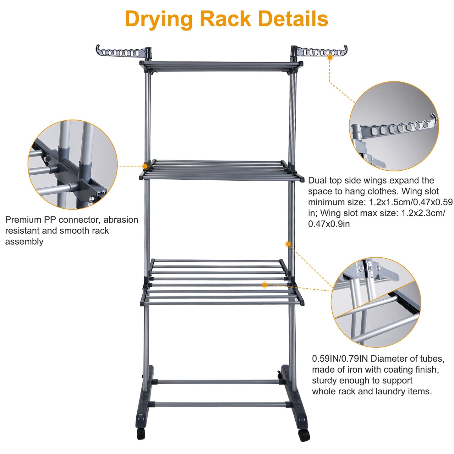 Clothes Drying Rack Rolling Collapsible Laundry Dryer Hanger Stand Rail ShelveWardrobe Clothing Drying Racks w/ Dual Side Wings