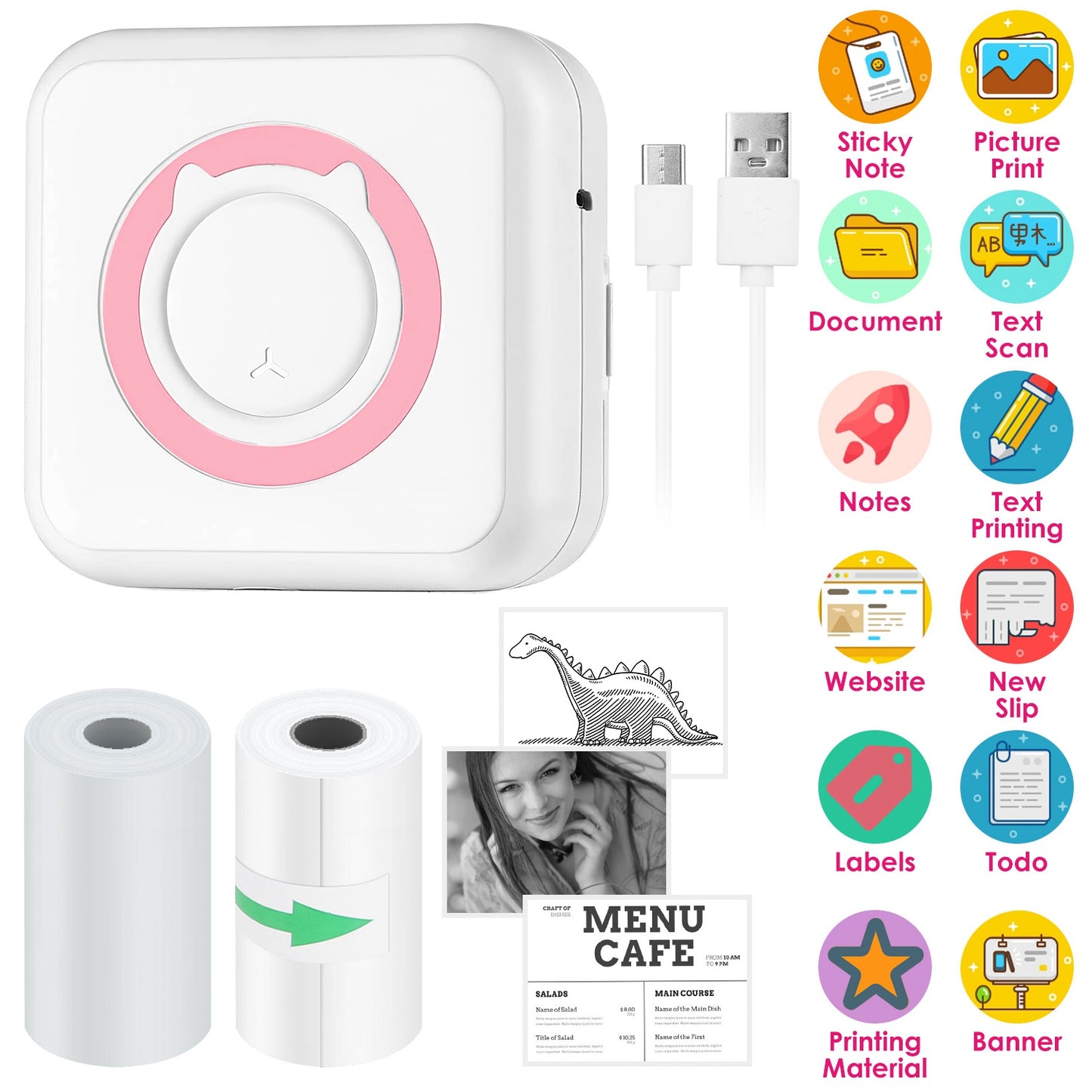 Pocket Wireless Thermal Printer Portable Mini Sticker Maker Machine Rechargeable Inkless Photo PrinterÊfor Printing Label Journal Study Notes Memo Pho