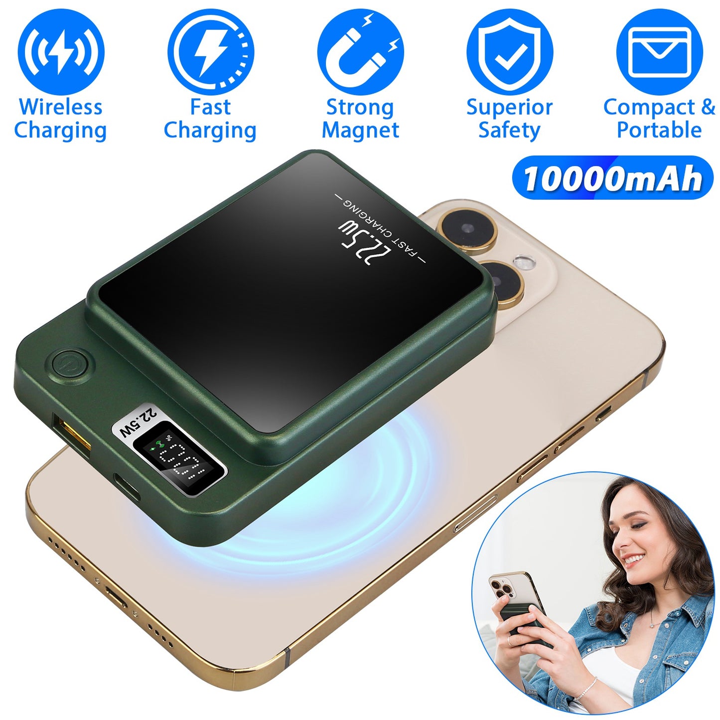 2 In 1 Magnetic Wireless Power Bank 10000mAh PD20W Fast Charger MagSafe Wireless Power Bank Fit for IOS Phones IOS Phone 14 Series And More