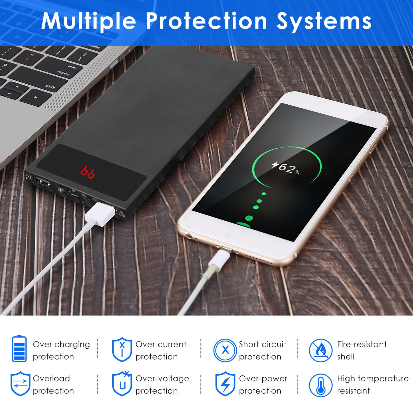 20000mAh Power Bank Ultra-thin External Battery Pack Phone Charger Dual USB Ports Flashlight Battery Remain Display