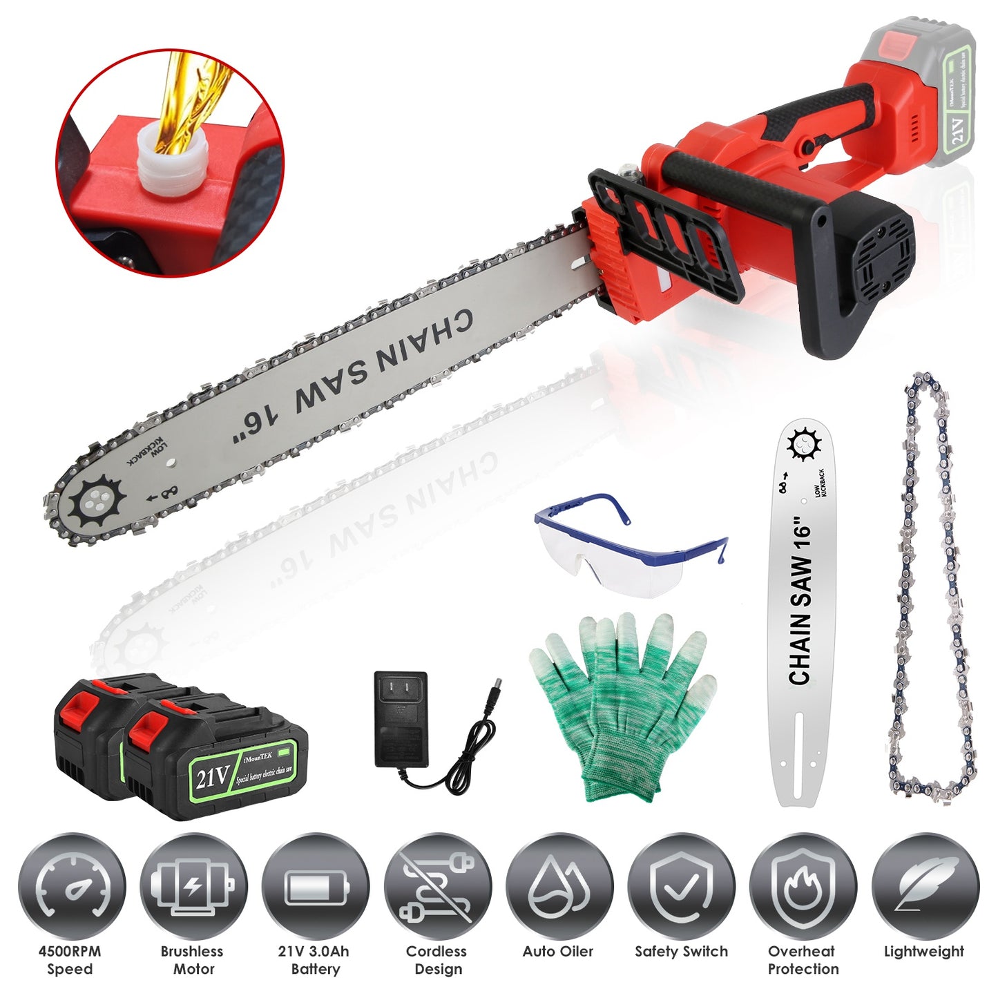 16Inch Electric Cordless Chainsaw With 2Pcs 21V 3.0Ah Battery and Charger Brushless Battery Operated Handheld Chainsaw With Auto Oiler Safety Switch f