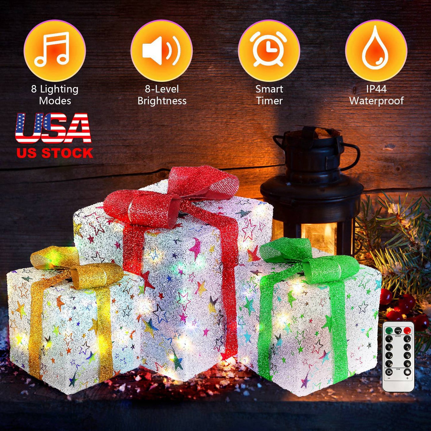 Set of 3 Christmas Lighted Gift Boxes Xmas Present Ornament 50 LED Christmas Box Decorations with Ribbon Bows IP44 Waterproof Battery Powered for Indo