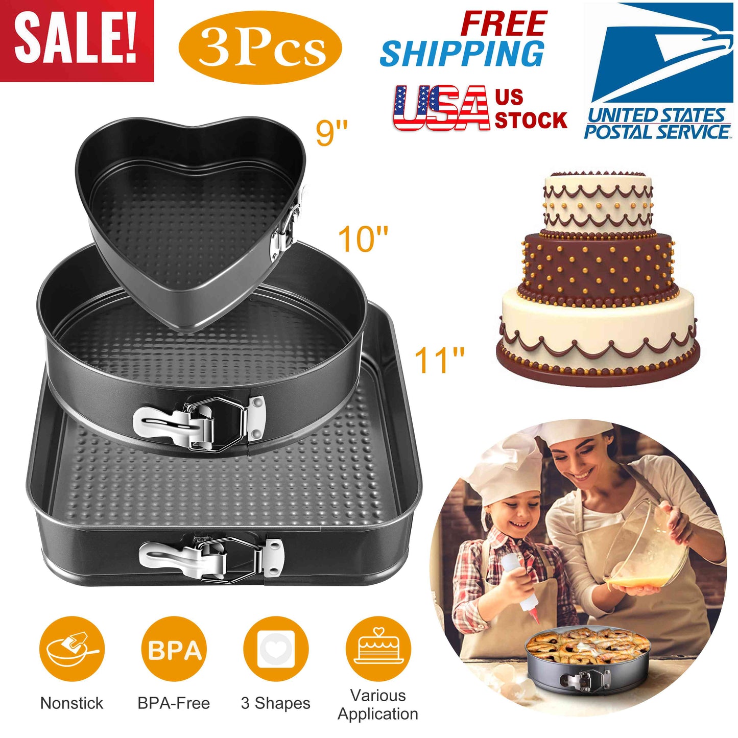 Non-stick Springform Cake Pan Leakproof 9"10"11" Bakeware Pan w/ Removable Bottom 3Pcs/Set