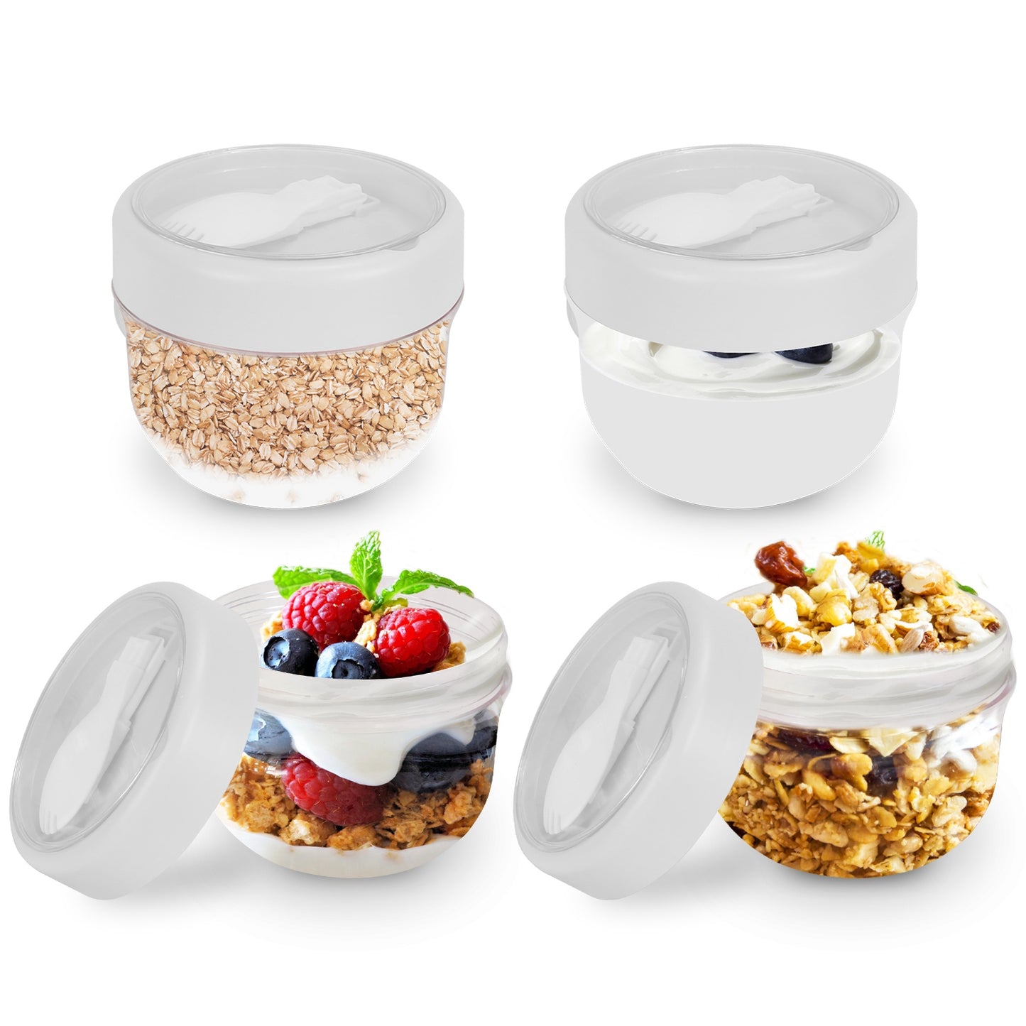 4Pcs Overnight Oats Containers with Lids and Folding Spoons 20OZ Portable Leak-proof Oats Jar For Milk Vegetable and Fruit Salad Yogurt Breakfast Cere