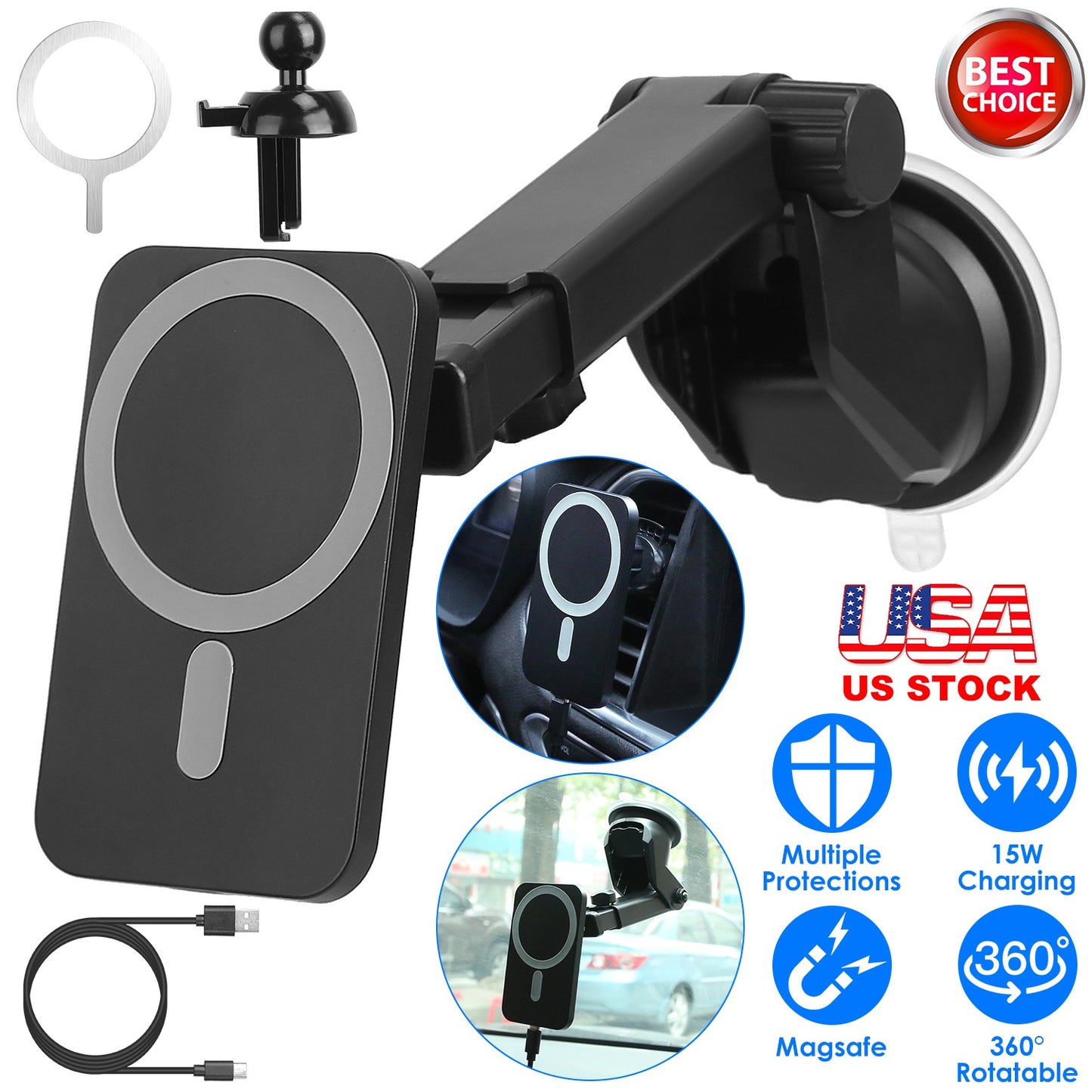 Magnetic Wireless Car Charger MagSafe Car Phone Mount Air Vent Holder 15W Wireless Charger Fit for IOS Phone 12/13/14 Series and QI-Enabled Phones wit