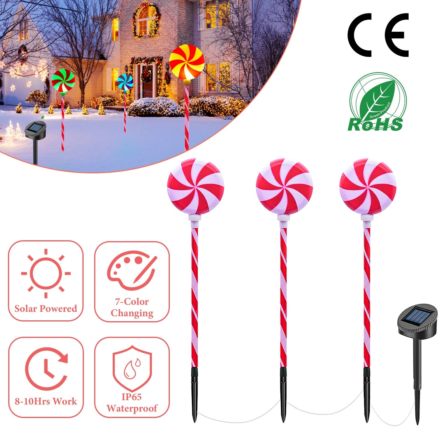 Solar Christmas Candy Light Set of 3 IP65 Waterproof Solar Lollipops Stake Lamp for Patio Yard Garden Pathway Outdoor Christmas Decorative Light