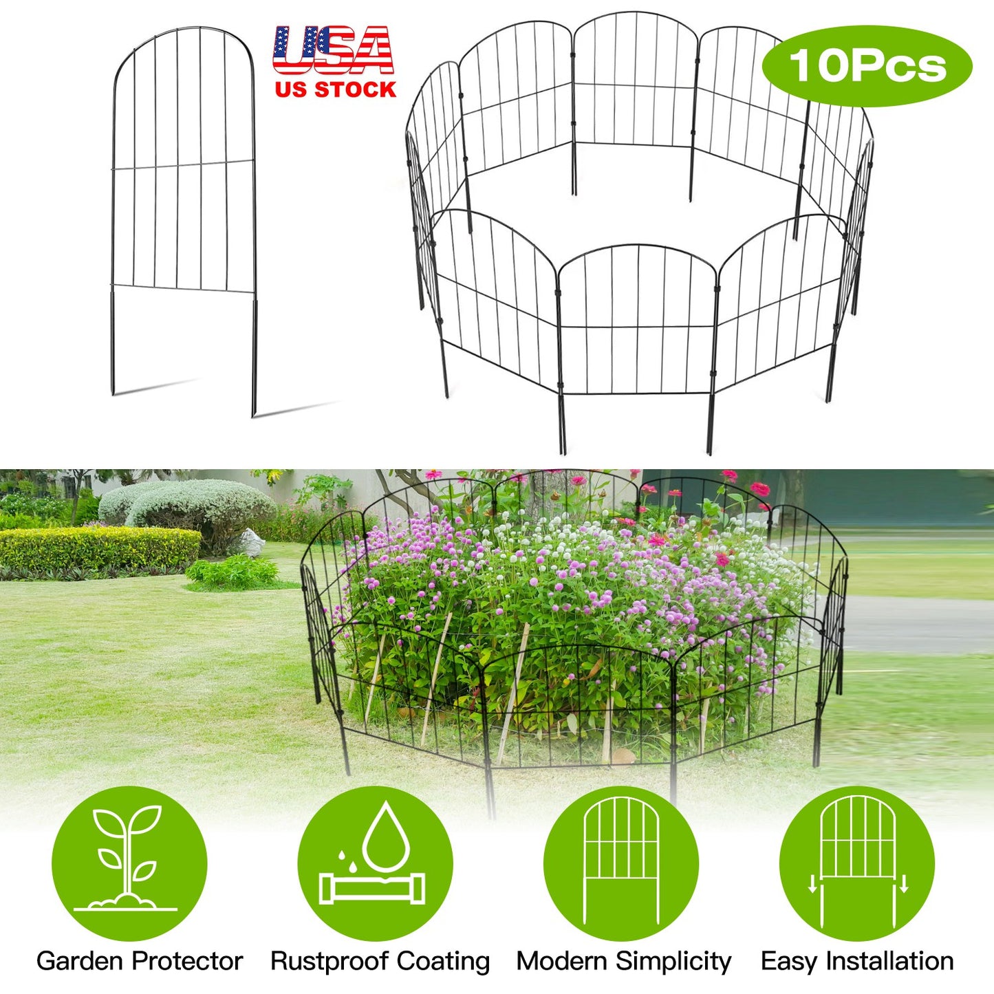10Pcs Decorative Garden Fence Rustproof Iron Wire Arched Fence Animal Barrier Border 12.59Ó Width 23.93Ó Length For Yard Landscape Patio Outdoor Decor