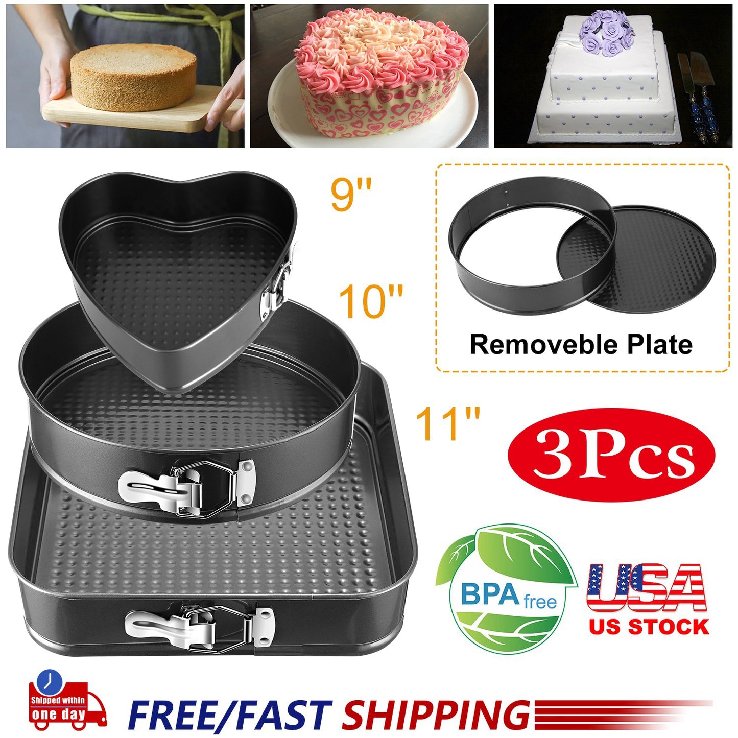 Non-stick Springform Cake Pan Leakproof 9"10"11" Bakeware Pan w/ Removable Bottom 3Pcs/Set