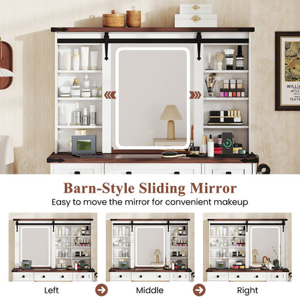 Farmhouse Vanity Desk with Barn-Style Sliding Mirror and 3 Lighting Modes-White