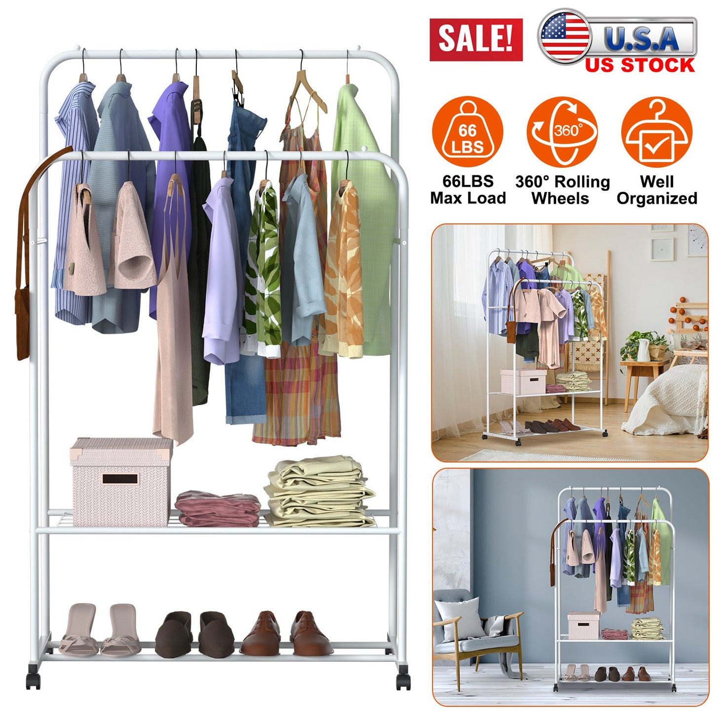 Garment Hanging Rack Clothing Hanging Rail Pillow Shoe Display Organizer Stand Rolling Wheel Clothes Organizer