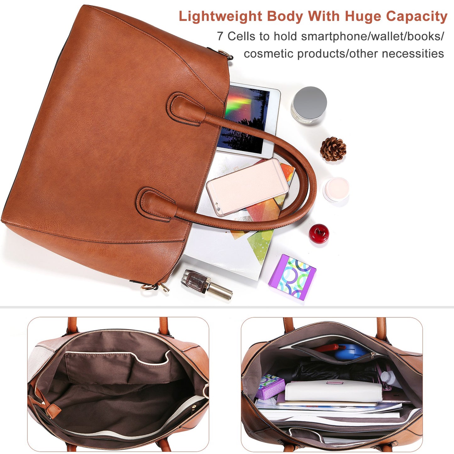 WomenÕs Soft Leather Handbag Tote Bags Large Shoulder Crossbody Bag 7 Cells Zipper Purse Handle Bag Phone Book Cosmetic Case for Office Lady Student