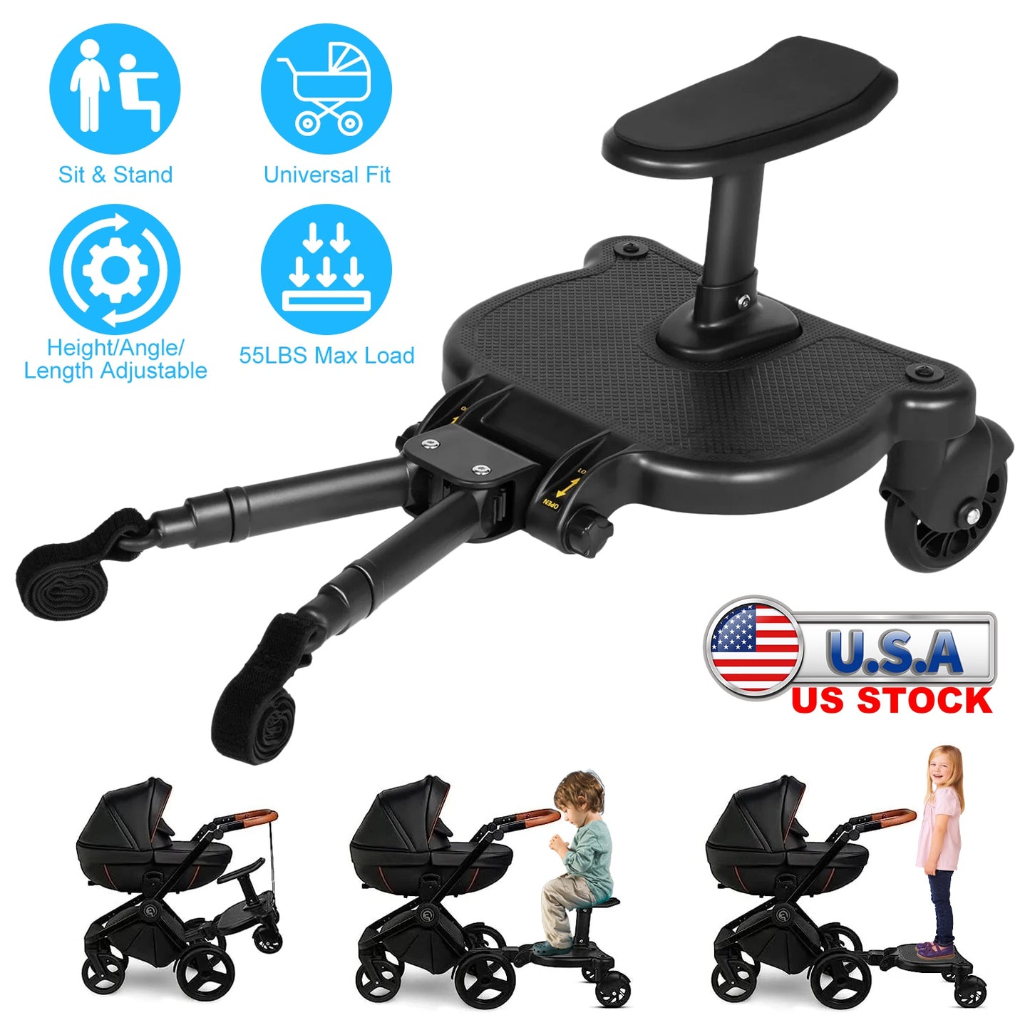 2 In 1 Universal Stroller Board Sit & Stand Buggy Wheeled Board Toddler Stroller Attachment with Detachable Seat for 3-7 Years Old