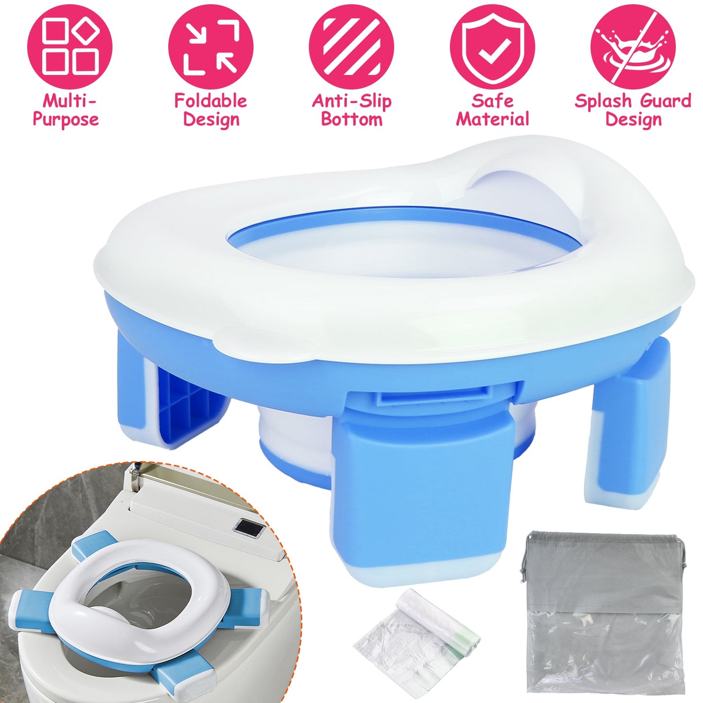 Portable Toddler Potty Toilet Foldable Potty Training Seat Cover with Splash Guard Include Storage Bag 20Psc Potty Bags Baby Toilet Trainer for Indoor