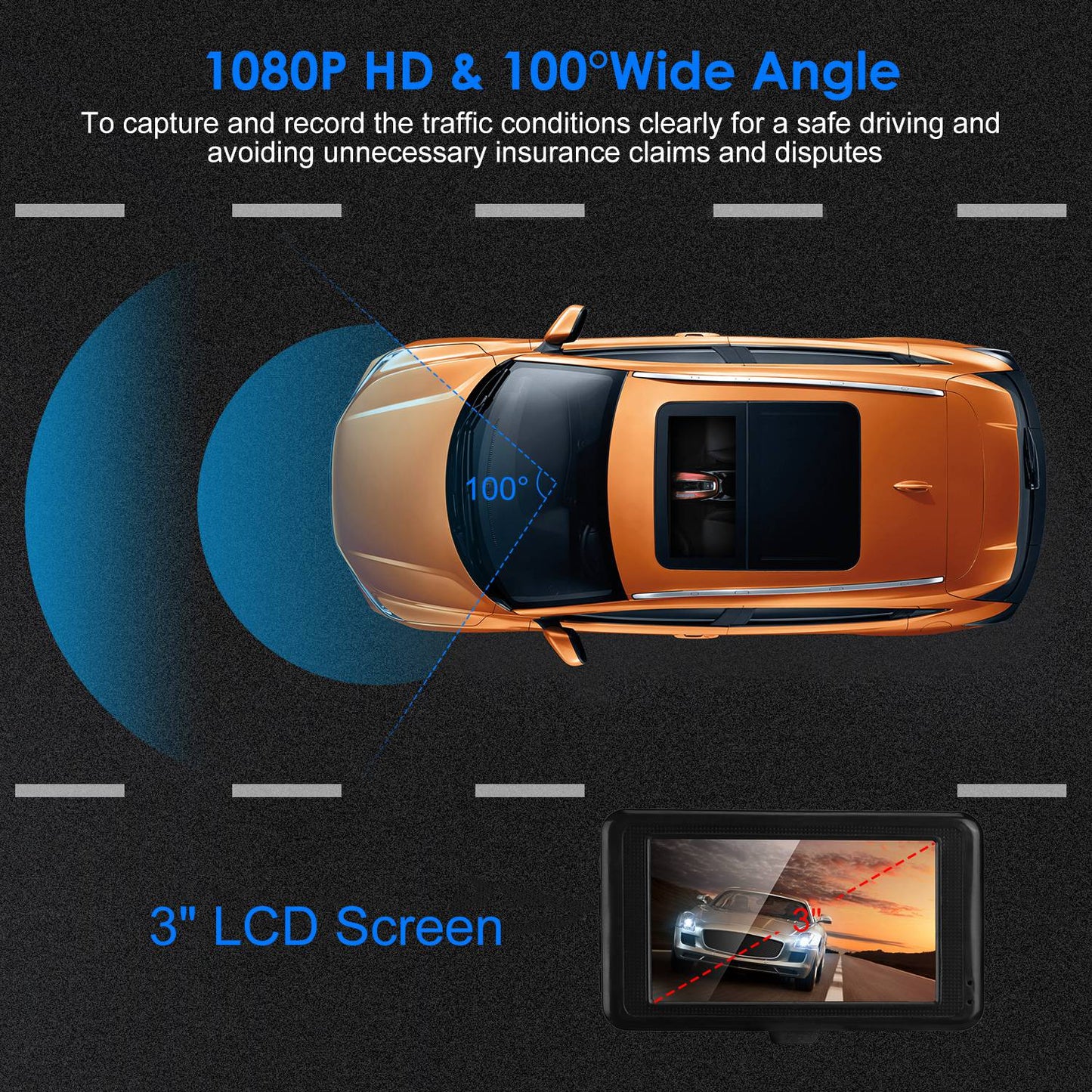 1080P Car DVR 3in Camera Dash Cam Camcorder Camera Recorder with 100¡ Angle Loop Recording Motion Detection