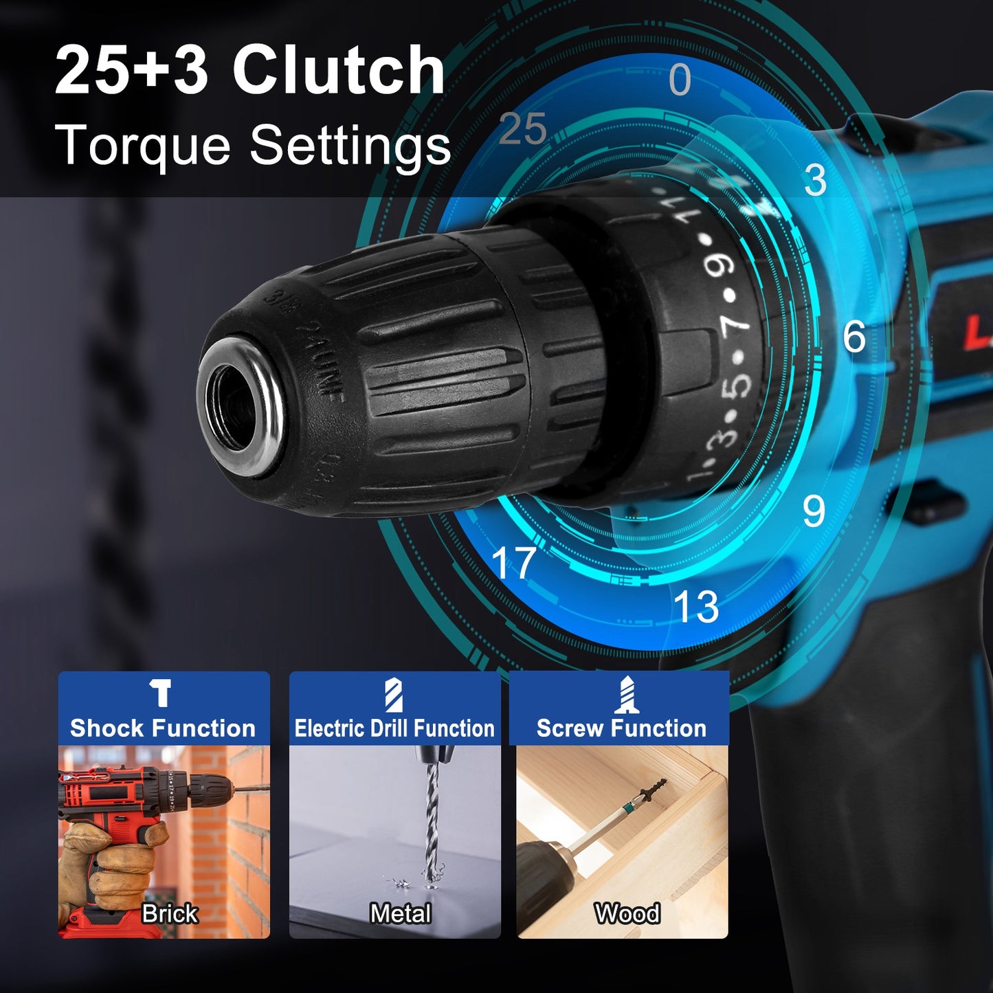 Cordless Drill Set With 2Pcs 28V Batteries and Charger 2 Variable Speeds 3/8In Keyless Chuck 265ln-lbs 25+3 Torque Positions Included 24Pcs Drill Bits