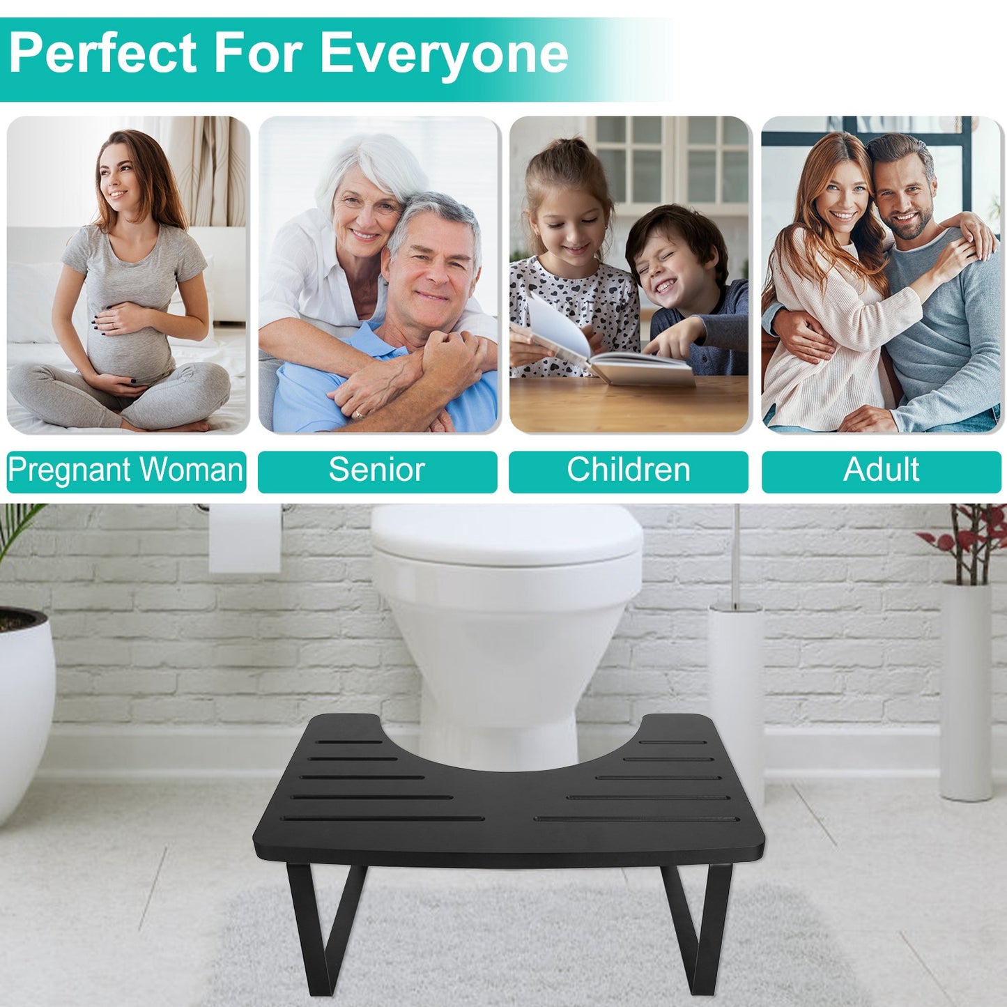 Wooden Metal Potty Stool 6.69in in Height Bathroom Toilet Stool for Adult Children Rustproof Anti-Slip Poop Stool Black