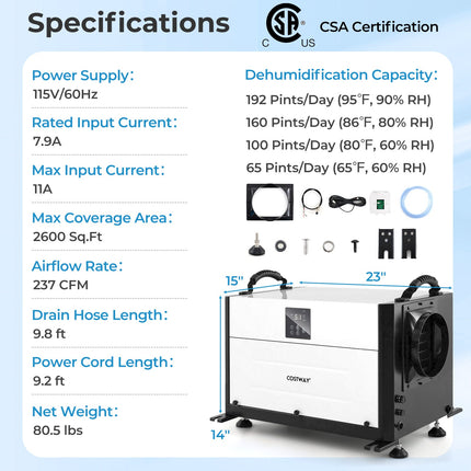 192 Pint Crawl Space Dehumidifier with 3 Modes and 24H Timer